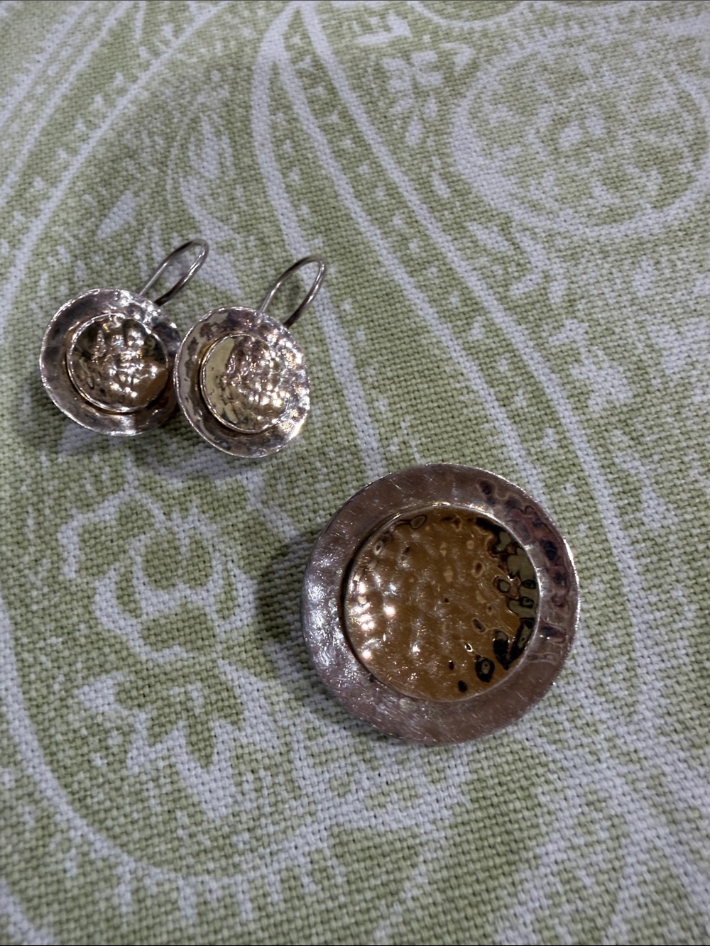 Silpada two-tone hammered disc earring and necklace pendant set 925 sterling